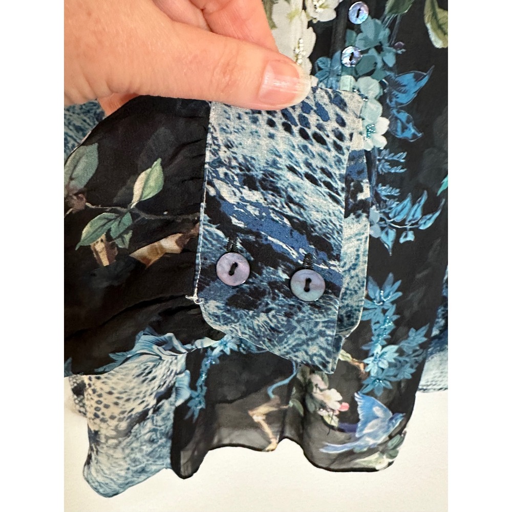 Hale Bob Silk Blouse Top Size M Black Blue Floral Snakeskin Beaded V-Neck Boho - Picture 6 of 11
